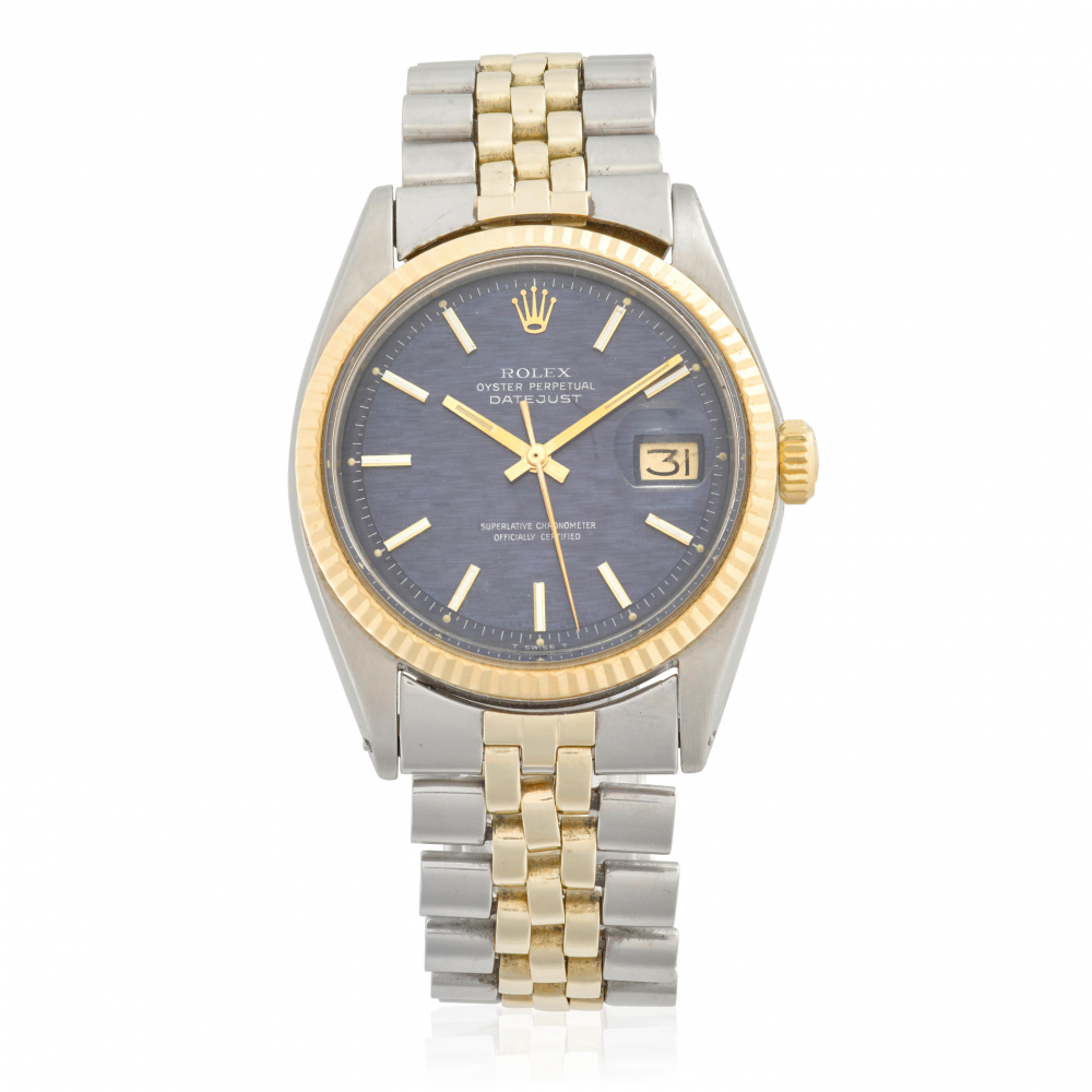 ROLEX. A STAINLESS STEEL AND GOLD AUTOMATIC CALENDAR BRACELET WATCH
