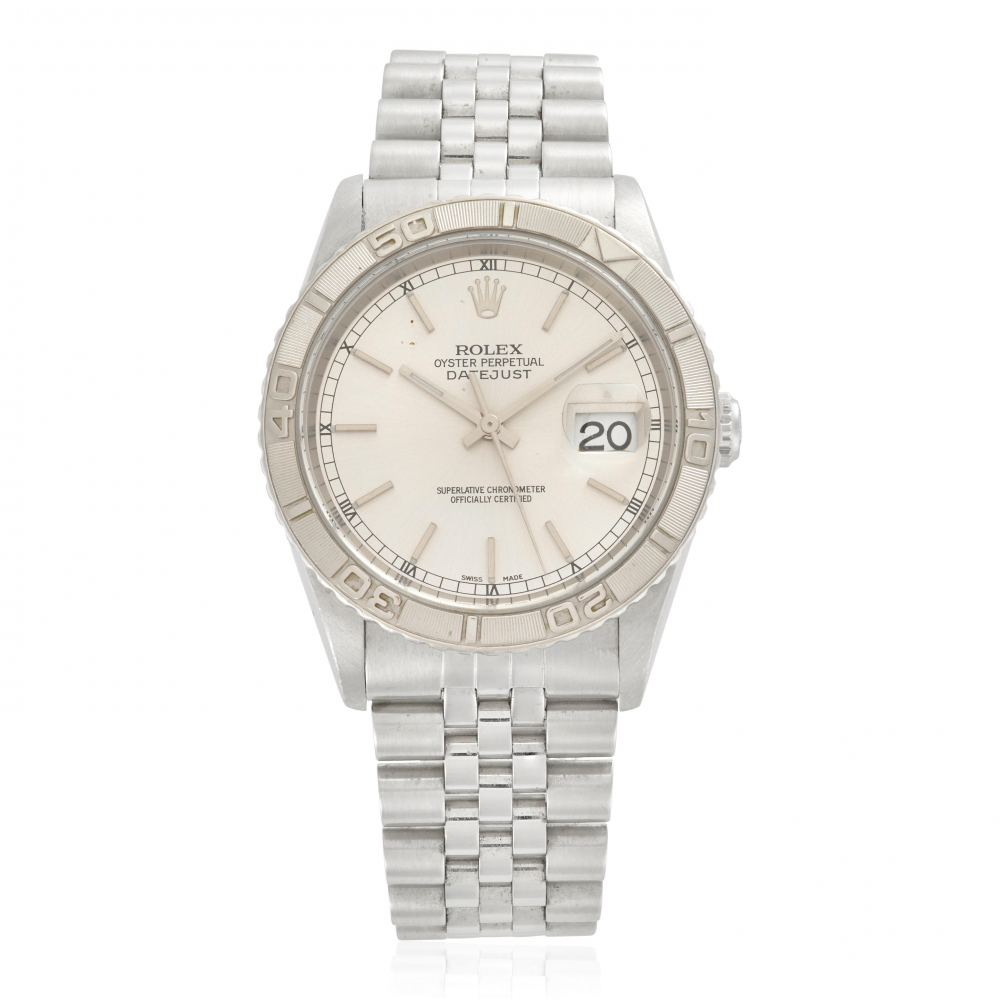 ROLEX. A STAINLESS STEEL AUTOMATIC CALENDAR BRACELET WATCH