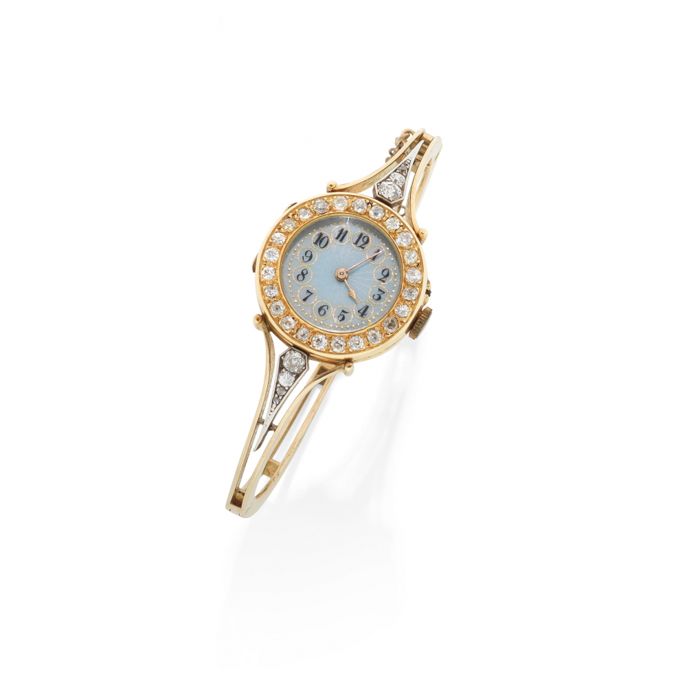 LE ROY FILS: GOLD, ENAMEL AND DIAMOND WATCH BANGLE, CIRCA 1894