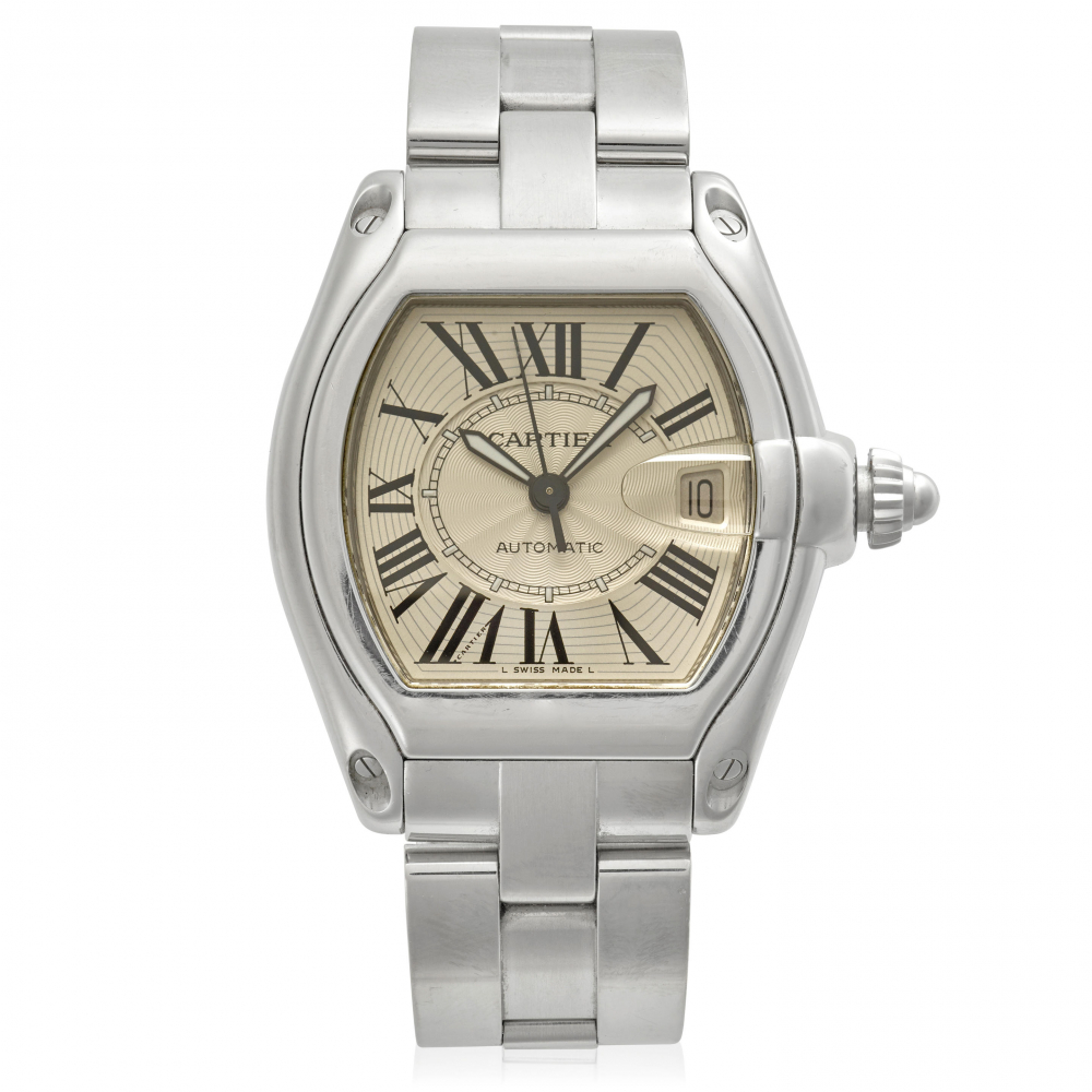 CARTIER. A STAINLESS-STEEL AUTOMATIC CALENDAR BRACELET WATCH