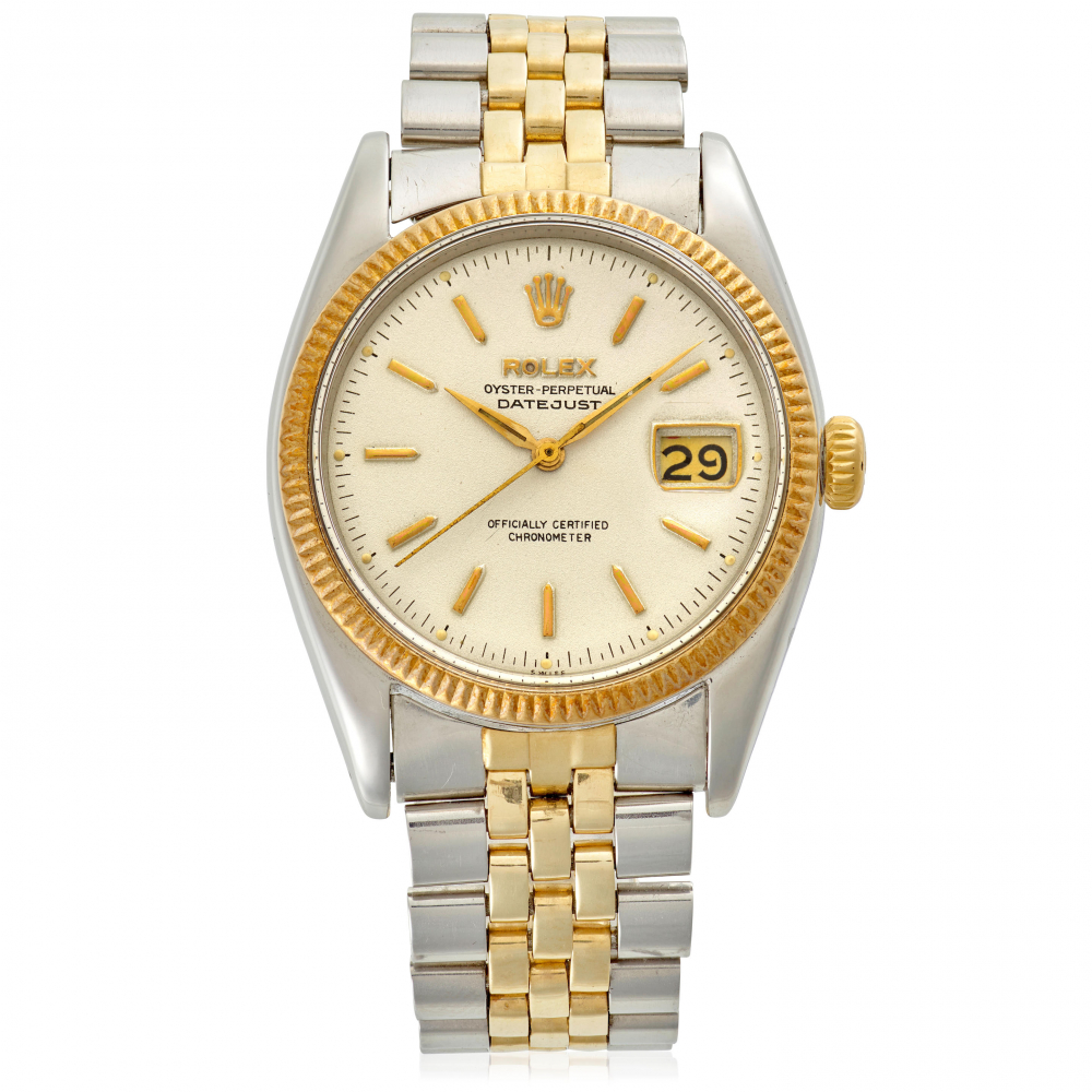 ROLEX. A GOLD AND STEEL AUTOMATIC CALENDAR BRACELET WATCH