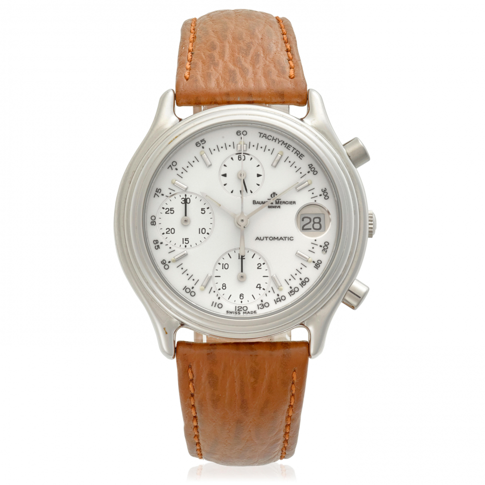 BAUME MERCIER. A STAINLESS STEEL AUTOMATIC CHRONOGRAPH CALENDAR WRISTWATCH
