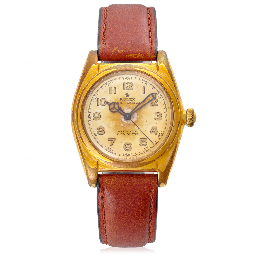 ROLEX. A GOLD PLATED AND STAINLESS STEEL AUTOMATIC BUBBLE BACK WRISTWATCH