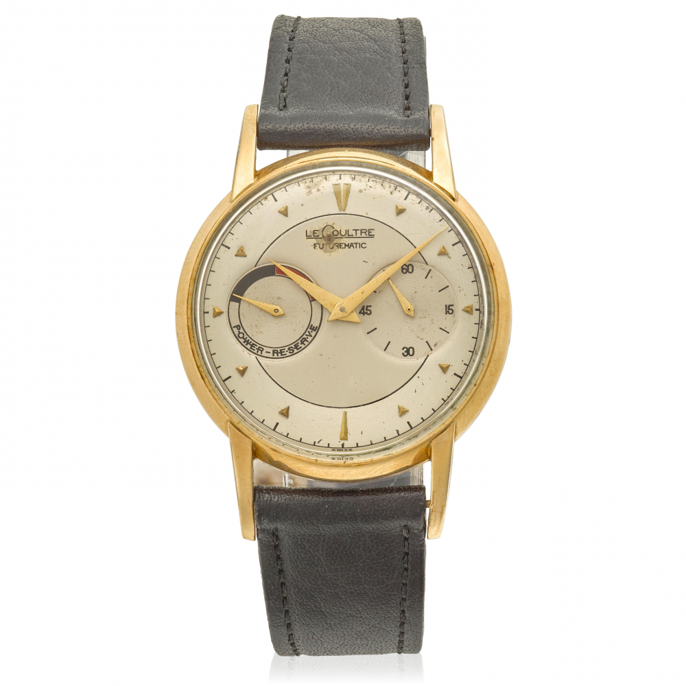 LECOULTRE. A GOLD PLATED AUTOMATIC WRISTWATCH WITH POWER RESERVE