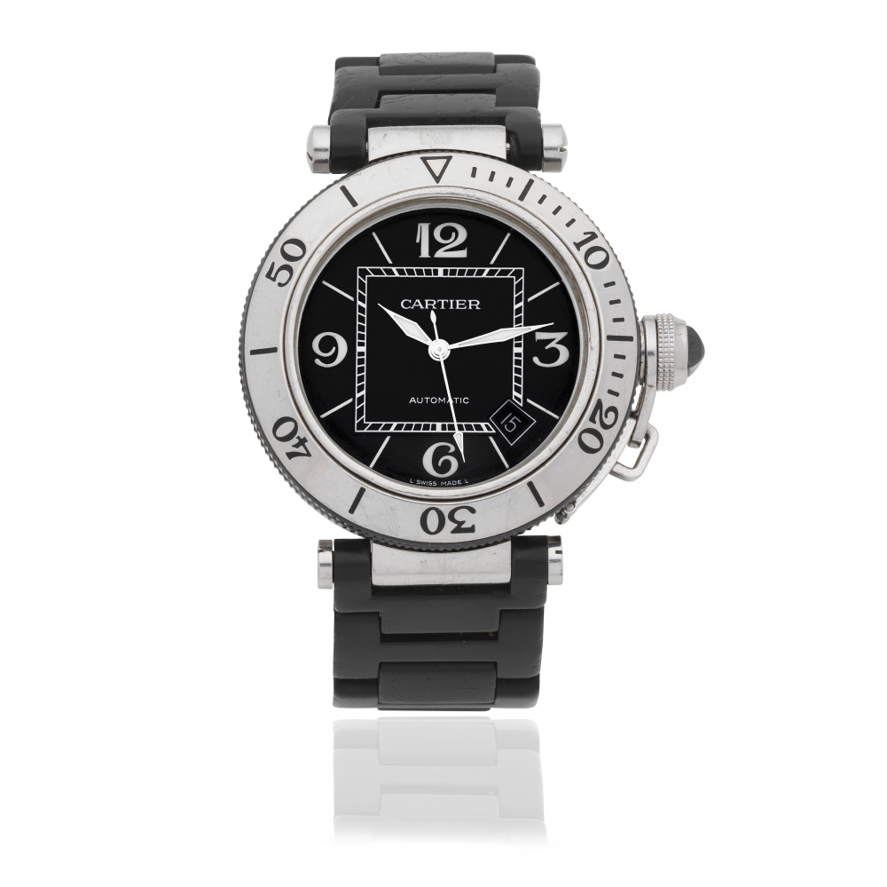 Cartier. A stainless steel automatic calendar bracelet watch