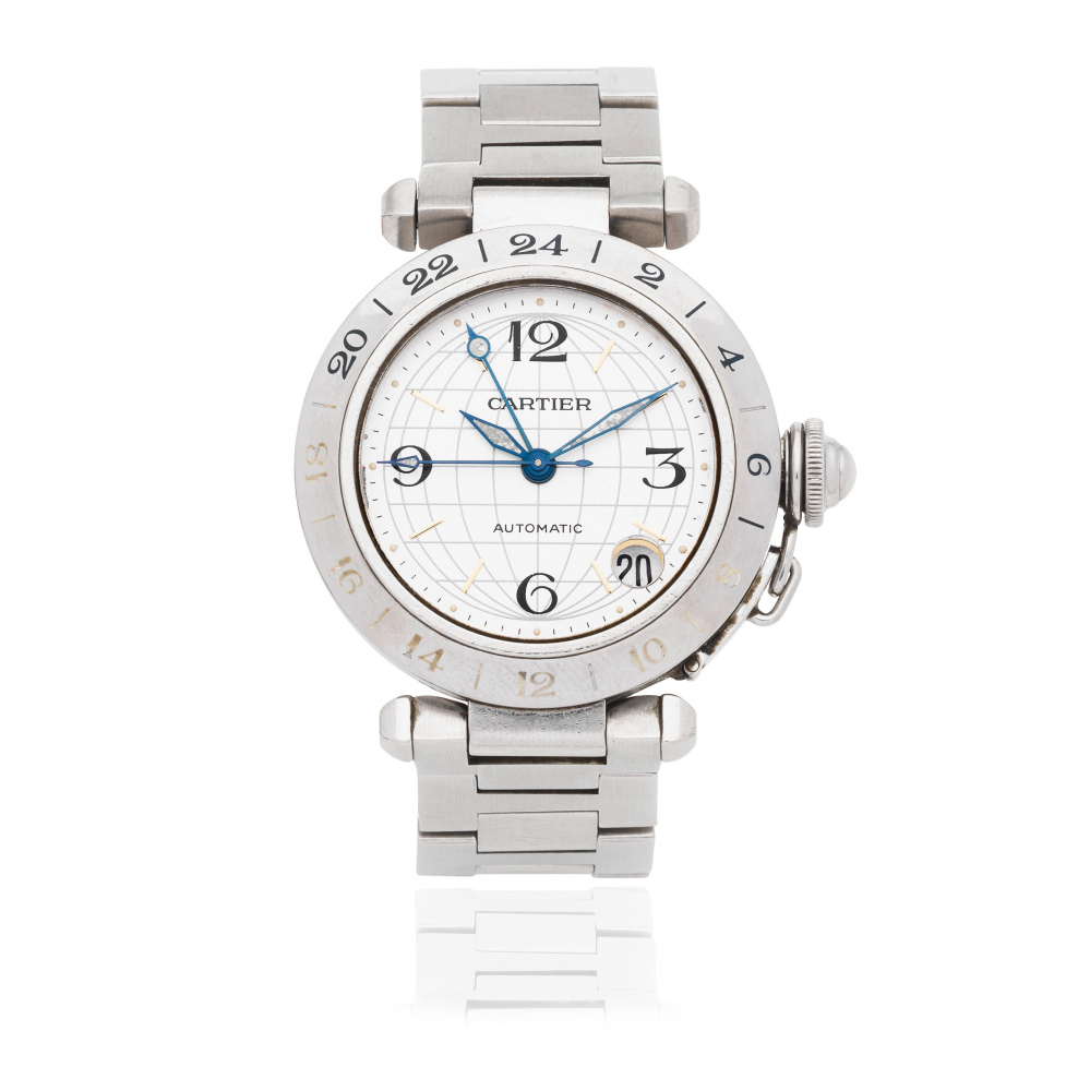Cartier. A stainless steel automatic calendar bracelet watch with dual time zone