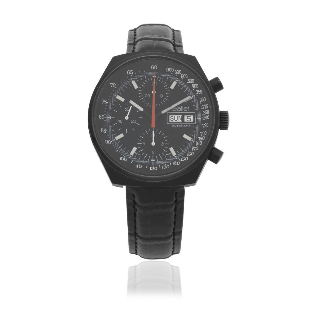 Gallet. A black PVD coated stainless steel automatic calendar chronograph wristwatch