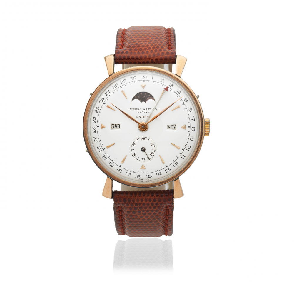 Record Watches Co., Geneve. A gold plated stainless steel manual wind triple calendar wristwatch with moon phase