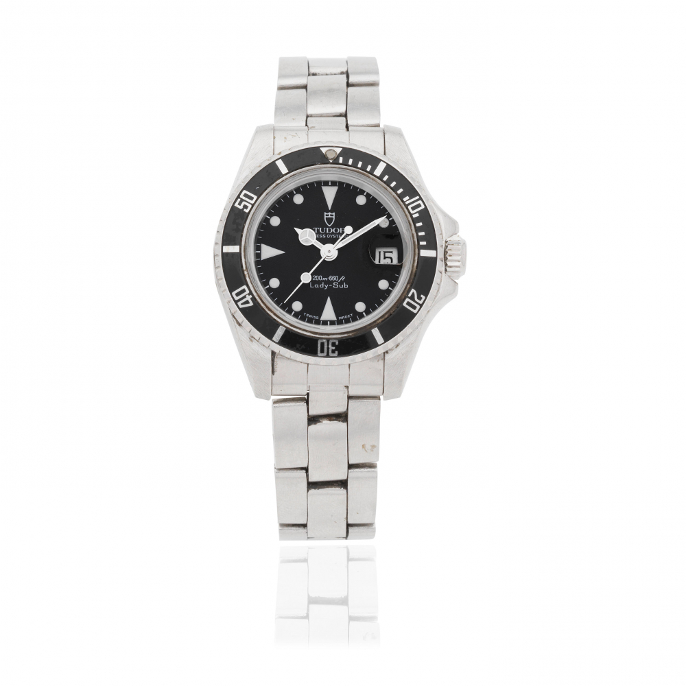 Tudor. A lady's stainless steel automatic calendar bracelet watch