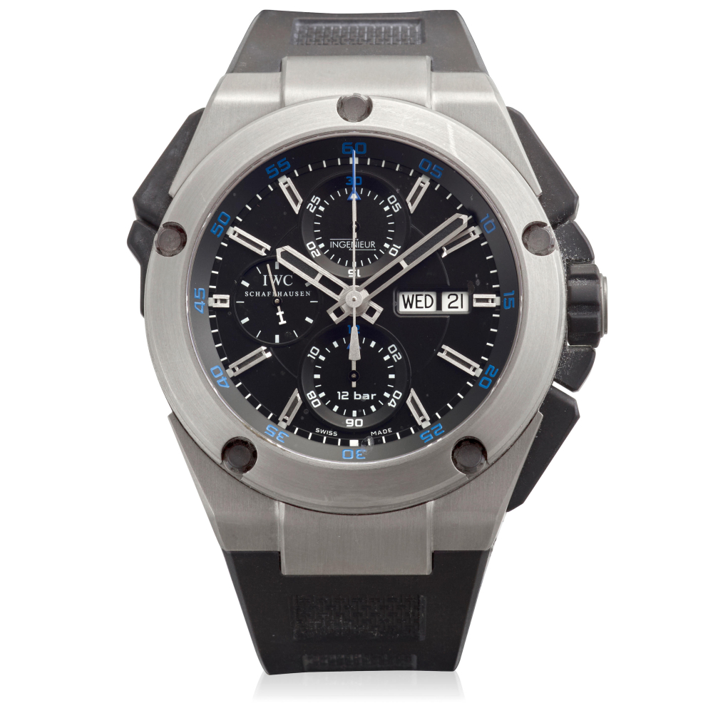 IWC. A TITANIUM AUTOMATIC SPLIT-SECOND CHRONOGRAPH CALENDAR WRISTWATCH