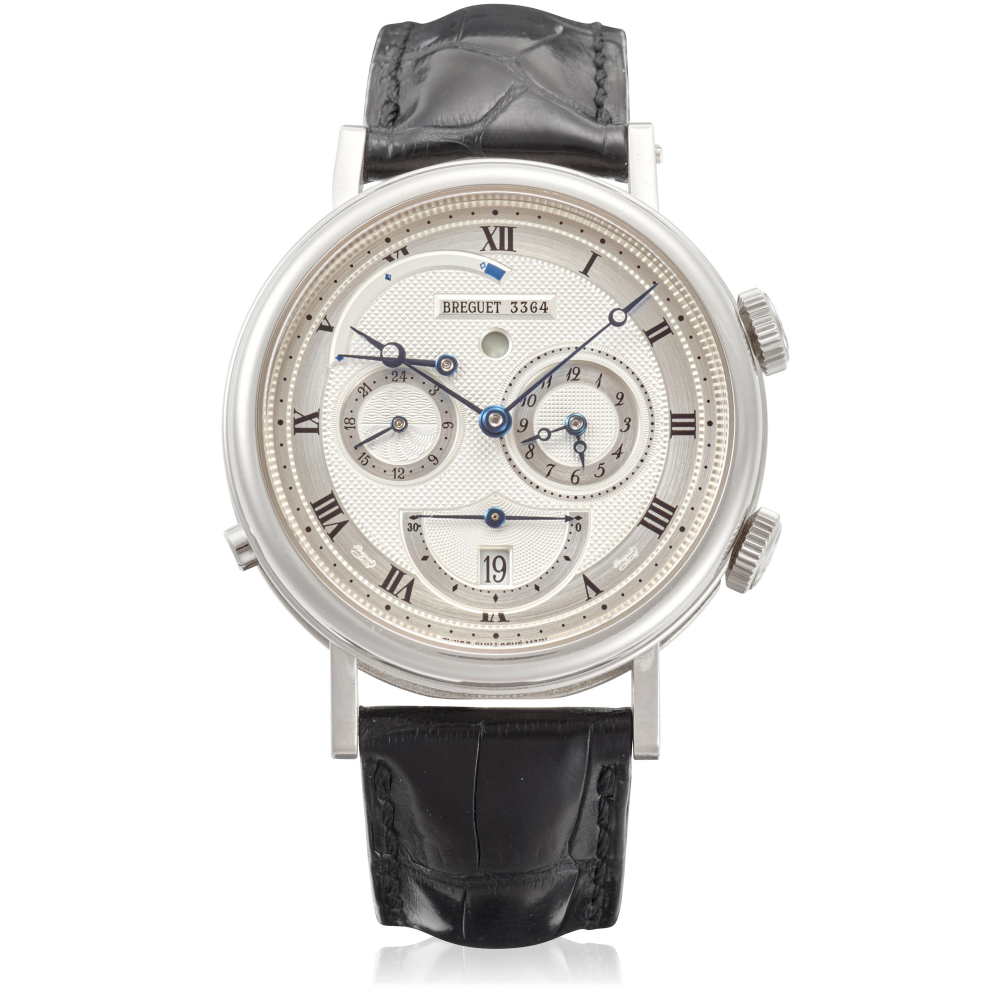 BREGUET. A FINE 18K GOLD AUTOMATIC CALENDAR ALARM WRISTWATCH WITH POWER RESERVE INDICATION