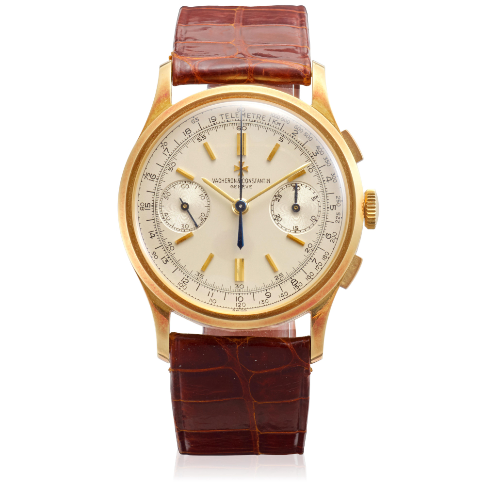 VACHERON CONSTANTIN. AN EXTREMELY WELL PRESERVED YELLOW GOLD MANUAL WIND CHRONOGRAPH WRISTWATCH