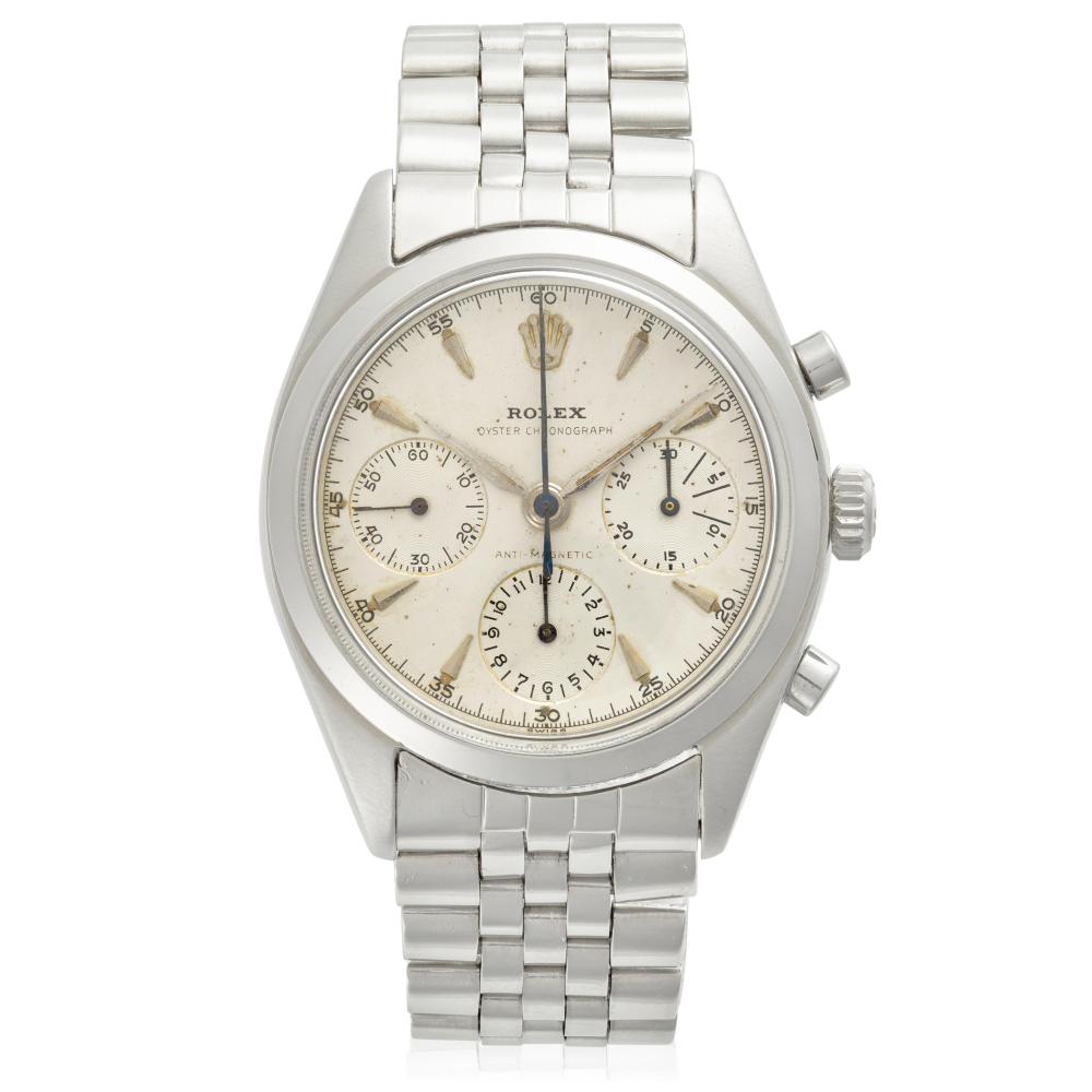 ROLEX. A RARE STAINLESS-STEEL MANUAL WIND CHRONOGRAPH BRACELET WATCH