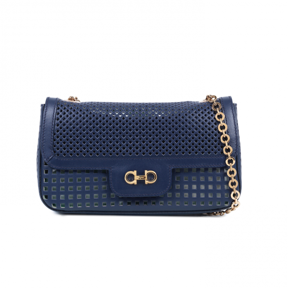 Ferragamo: a Blue Perforated Leather Chain Shoulder Bag