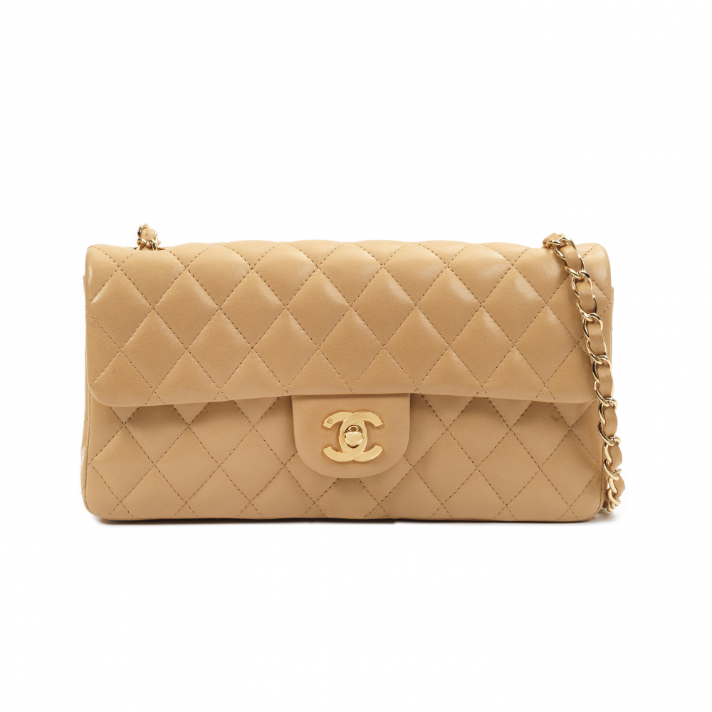 Chanel: a Beige Lambskin East West Flap Bag