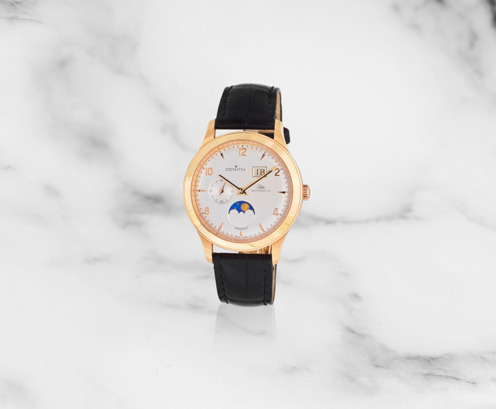 Zenith. Montre bracelet en or rose 18K (750) avec date et phase de lune mouvement automatique