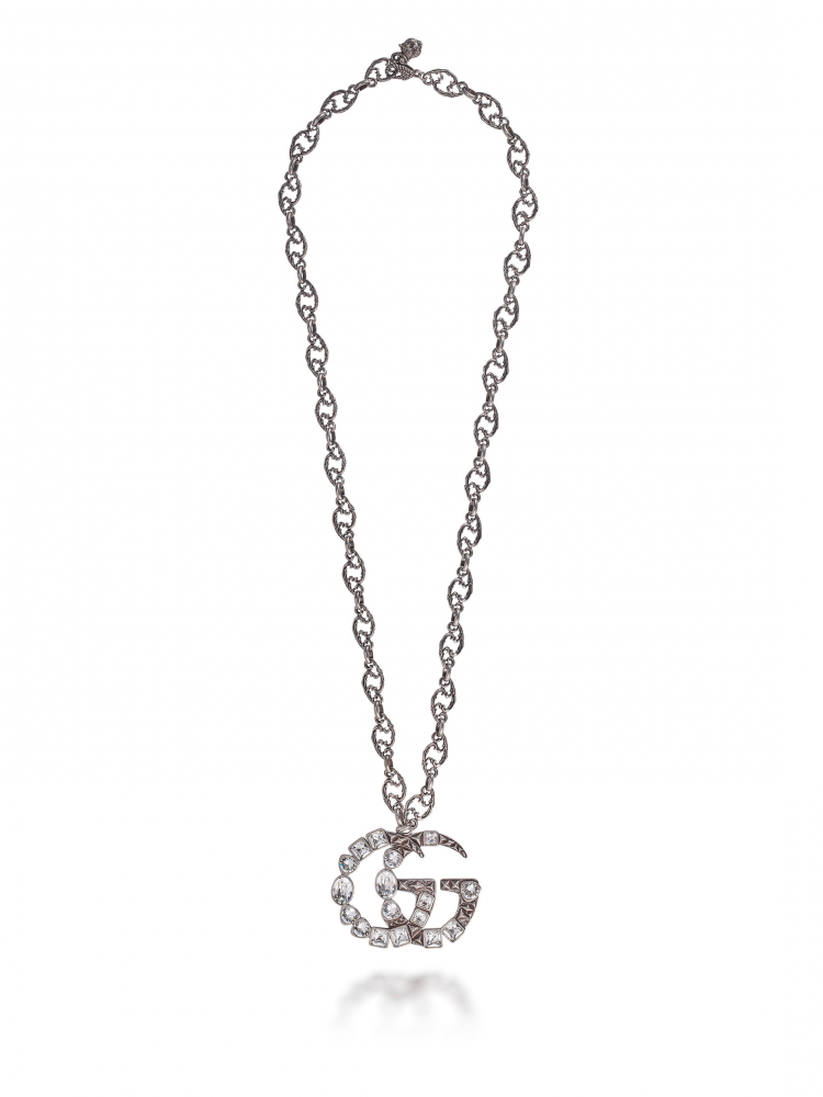 GUCCI: CRYSTAL DOUBLE G NECKLACE IN SILVER TONED