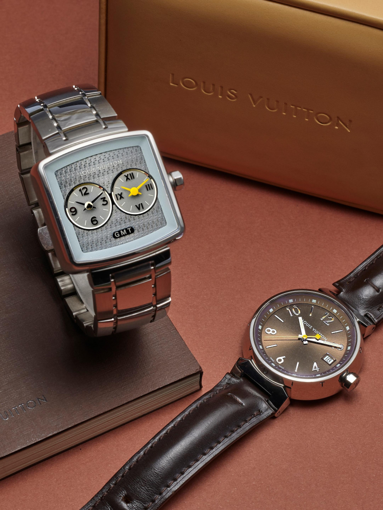 LOUIS VUITTON | TAMBOUR, REF.Q1311 Q2371, A SET OF TWO STAINLESS STEEL WATCHES, ONE WITH GMT FUNCTION, CIRCA 2018