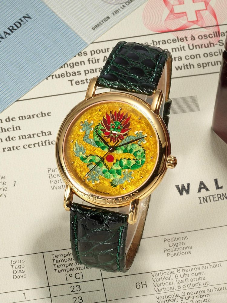 ULYSSE NARDIN | CLASSICO DRAGON, REF.136-77-9, A FINE AND RARE LIMITED EDITION YELLOW GOLD WRISTWATCH WITH POLYCHROME CLOISONNÉ ENAMEL, CIRCA 2000