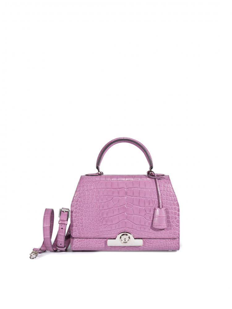 MOYNAT: LAVANDE CROCODILE RÉJANE PM BAG WITH SILVER TONED HARDWARE