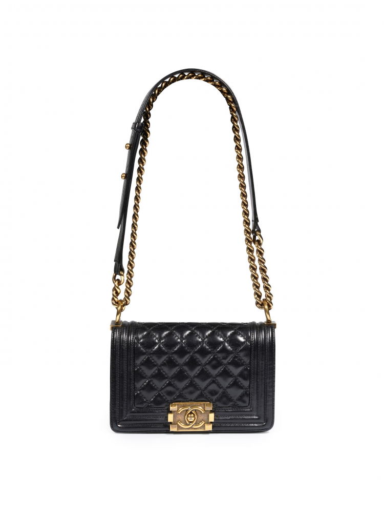 CHANEL: BLACK QUILTED LAMBSKIN MINI BOY WITH ANTIQUE GOLD TONED HARDWARE