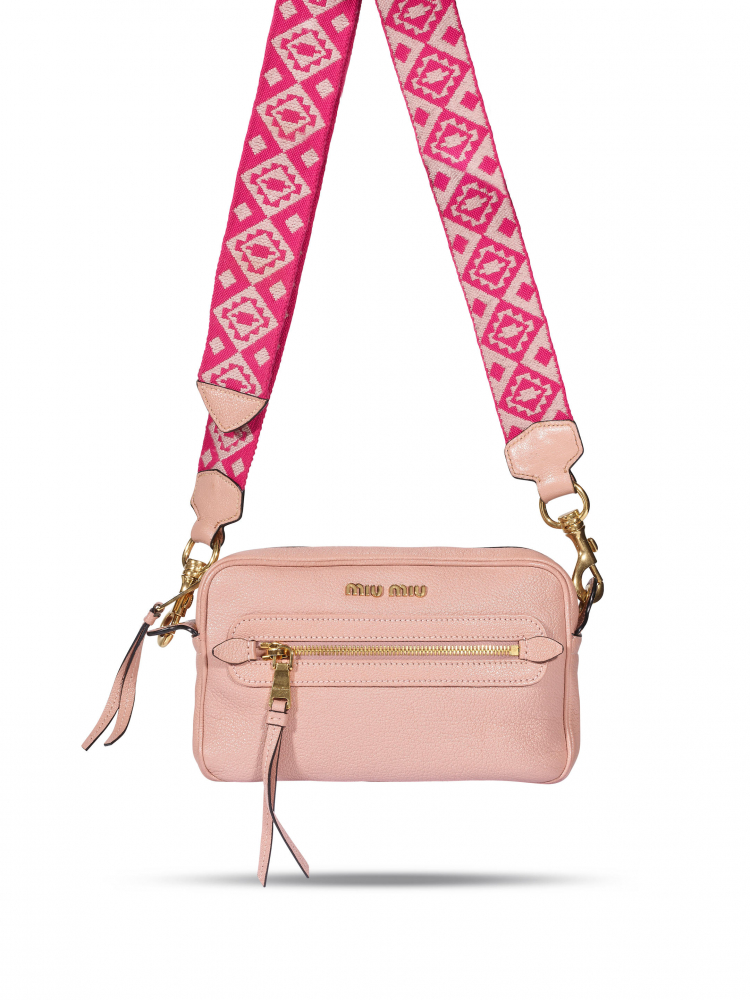 MIU MIU: ORCHIDEA ZIPPER CROSSBODY MADRAS BAG WITH CANVAS STRAP