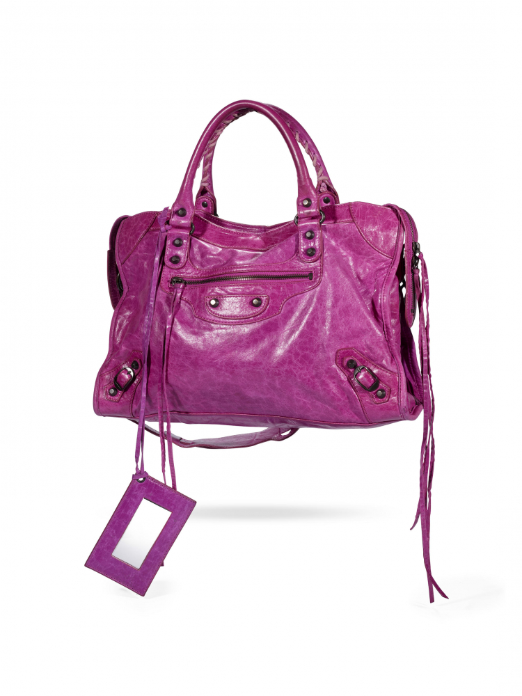 BALENCIAGA: MAGENTA PINK LAMBSKIN MOTOCROSS CITY BAG WITH GREY TONED HARDWARE