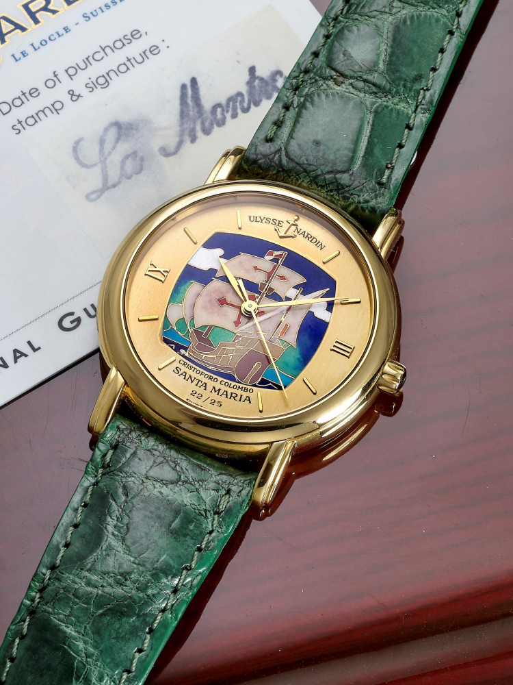 ULYSSE NARDIN | SANTA MARIA, REF.131.77.9, A LIMITED EDITION YELLOW GOLD WRISTWATCH WITH CLOISONNÉ ENAMEL DIAL, CIRCA 1992