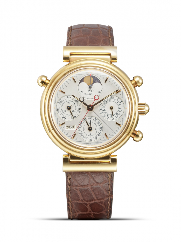 IWC | DA VINCI, A YELLOW GOLD PERPETUAL CALENDAR SPLIT SECOND CHRONOGRAPH WRISTWATCH WITH MOON PHASES AND 4-DIGIT YEAR DISPLAYS, CIRCA 1999