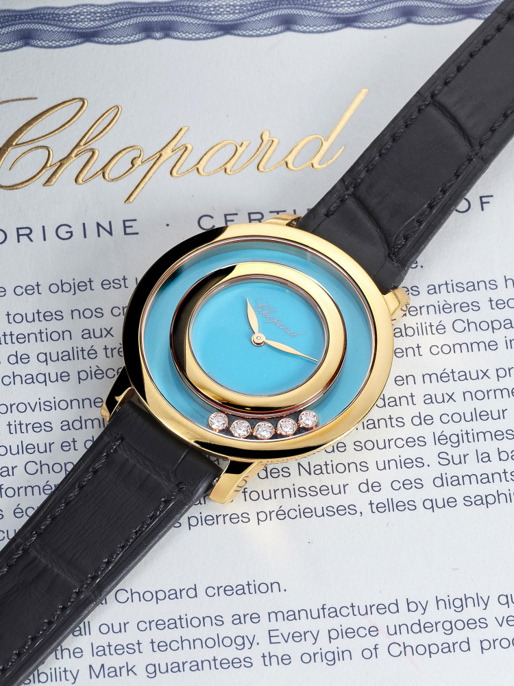 CHOPARD | HAPPY DIAMONDS TURQUOISE, REF. 209429-5104, A NEW OLD STOCK PINK GOLD AND TURQUOISE WRISTWATCH WITH FLOATING DIAMONDS, CIRCA 2019