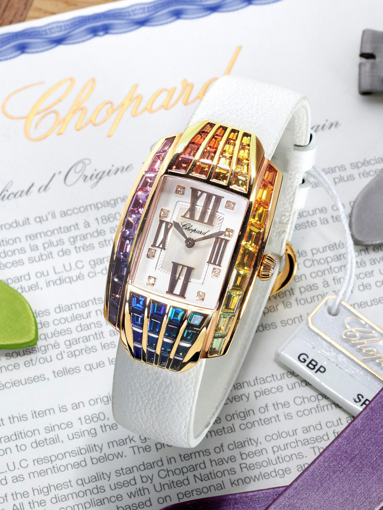 CHOPARD | LA STRADA - RAINBOW, REF. 419405-5804, A NEW OLD STOCK LADY'S PINK GOLD AND COLOURED SAPPHIRE-SET WRISTWATCH WITH MOTHER-OF-PEARL DIAL, CIRCA 2016