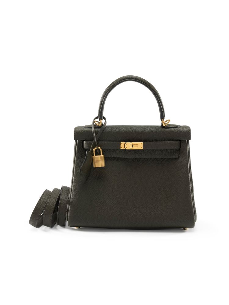 HERMÈS: VERT FONCE TOGO KELLY 25 WITH GOLD HARDWARE