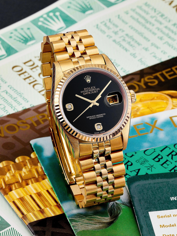 ROLEX | DATEJUST, REF.16238, A YELLOW GOLD BRACELET WATCH WITH ONYX DIAL, DIAMOND-SET INDEXES AND DATE, CIRCA 1990