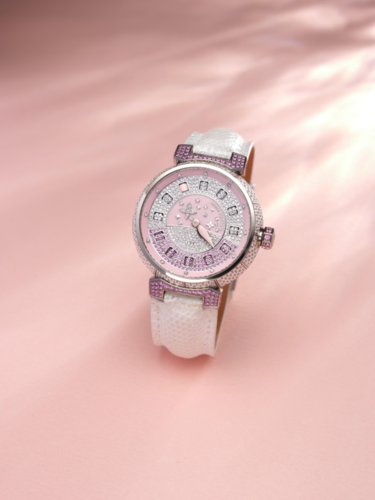 LOUIS VUITTON | TAMBOUR-SPIN TIME DAME SAPHIR ROSE, REF.Q11C1, A RARE LIMITED EDITION WHITE GOLD, DIAMOND, AND PINK SAPPHIRE-SET WRISTWATCH WITH PINK LACQUER DIAL, CIRCA 2013