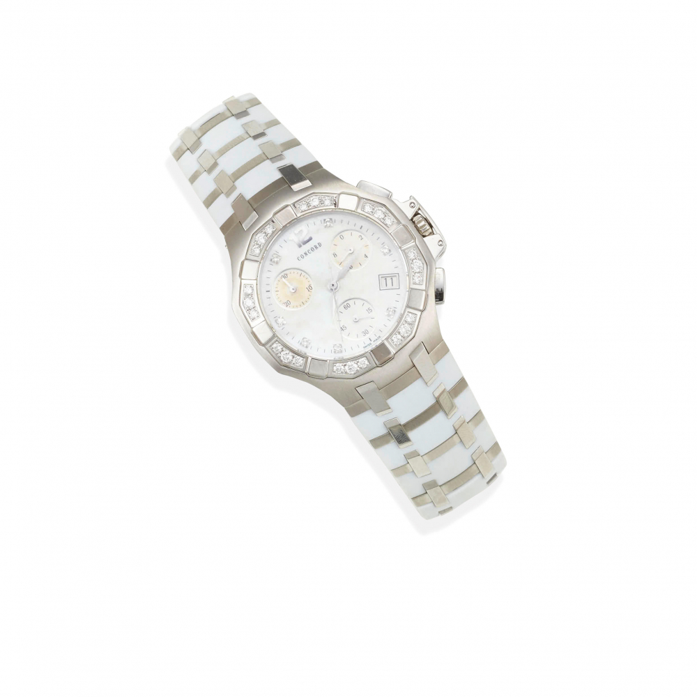 CONCORD: A STAINLESS STEEL, MOTHER-OF-PEARL AND DIAMOND ' SARATOGA' WRISTWATCH
