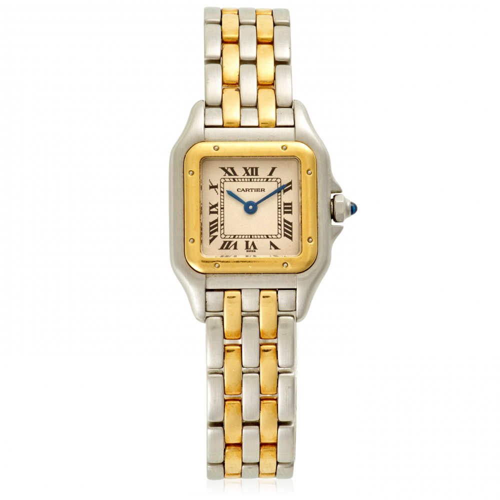 CARTIER. A LADY'S STAINLESS STEEL AND GOLD QUARTZ BRACELET WATCH