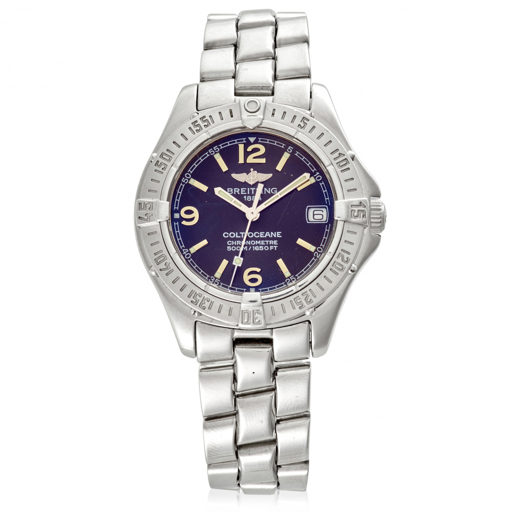 BREITLING. A STAINLESS STEEL CALENDAR BRACELET WATCH