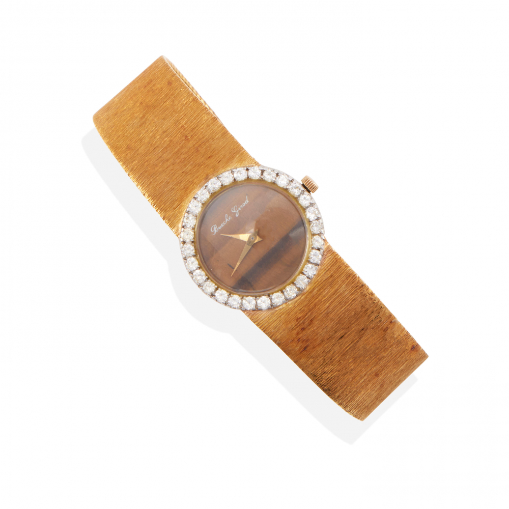 BUECHE GIROD: AN 18K BI-COLOR GOLD, TIGER'S EYE QUARTZ AND DIAMOND WRISTWATCH