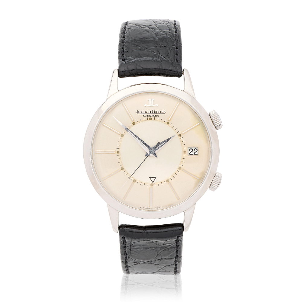 Jaeger-LeCoultre. A stainless steel bumper automatic calendar wristwatch with alarm
