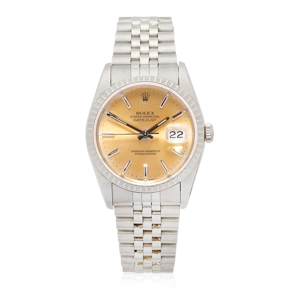 Rolex. A stainless steel calendar bracelet watch with Khanjar emblem