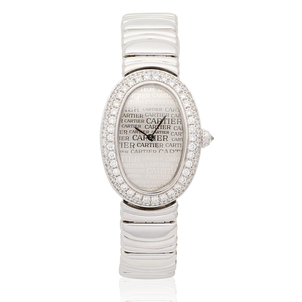 Cartier. A lady's 18K white gold diamond set quartz bracelet watch