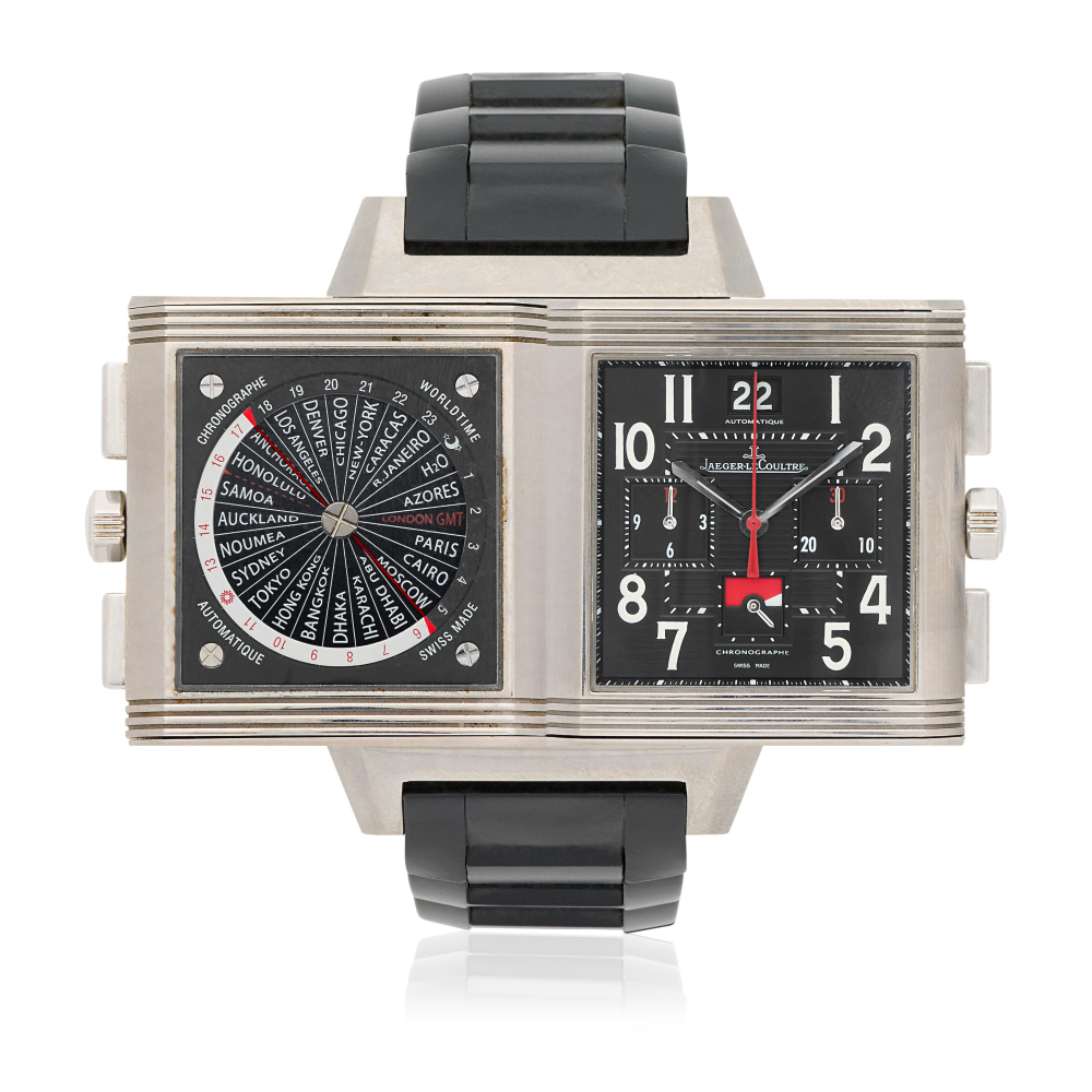 Jaeger-LeCoultre. A Limited Edition titanium automatic reversible world time calendar chronograph wristwatch with day/night indication