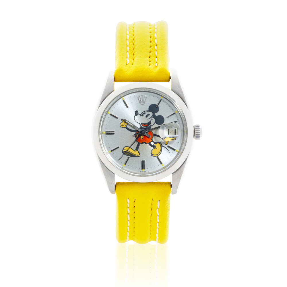 Rolex. A stainless steel manual wind calendar wristwatch with later customised dial featuring Mickey Mouse
