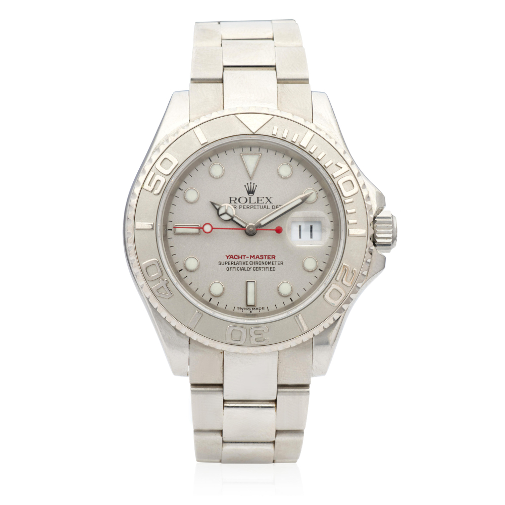 Rolex. A stainless steel and platinum automatic calendar bracelet watch