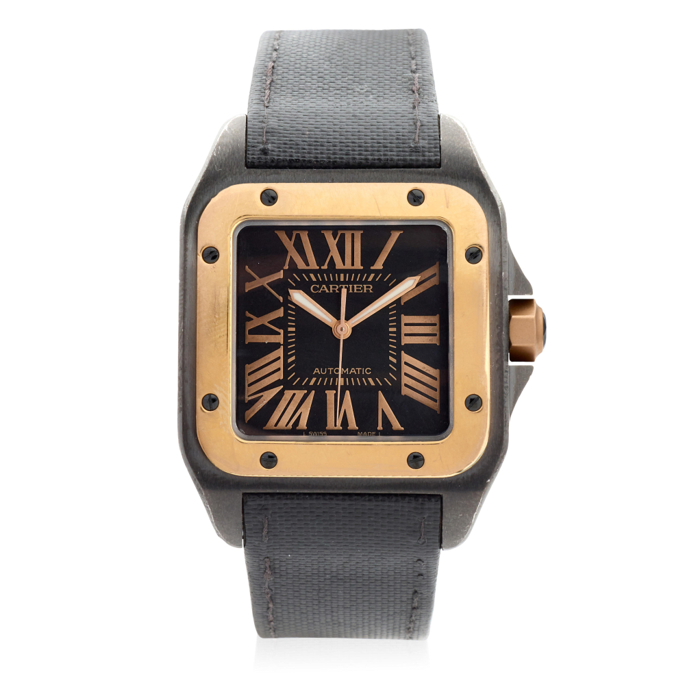 Cartier. A black PVD coated stainless steel and 18K rose gold automatic wristwatch