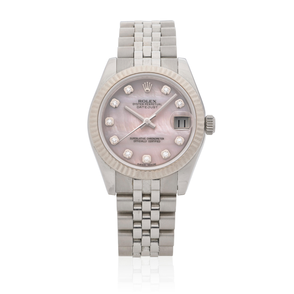 Rolex. A lady's stainless steel and 18K white gold automatic diamond set calendar bracelet watch with mother of pearl dial