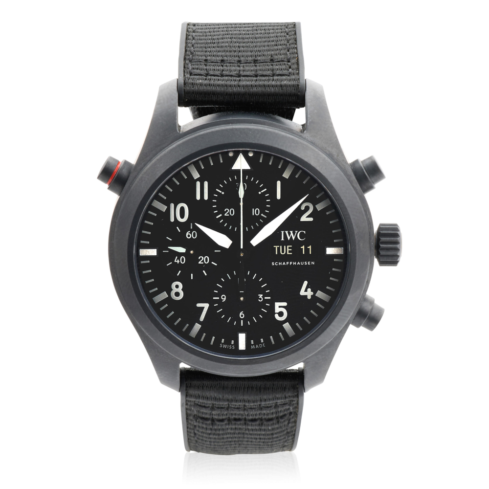 IWC. A black ceramic and titanium automatic calendar split second chronograph wristwatch