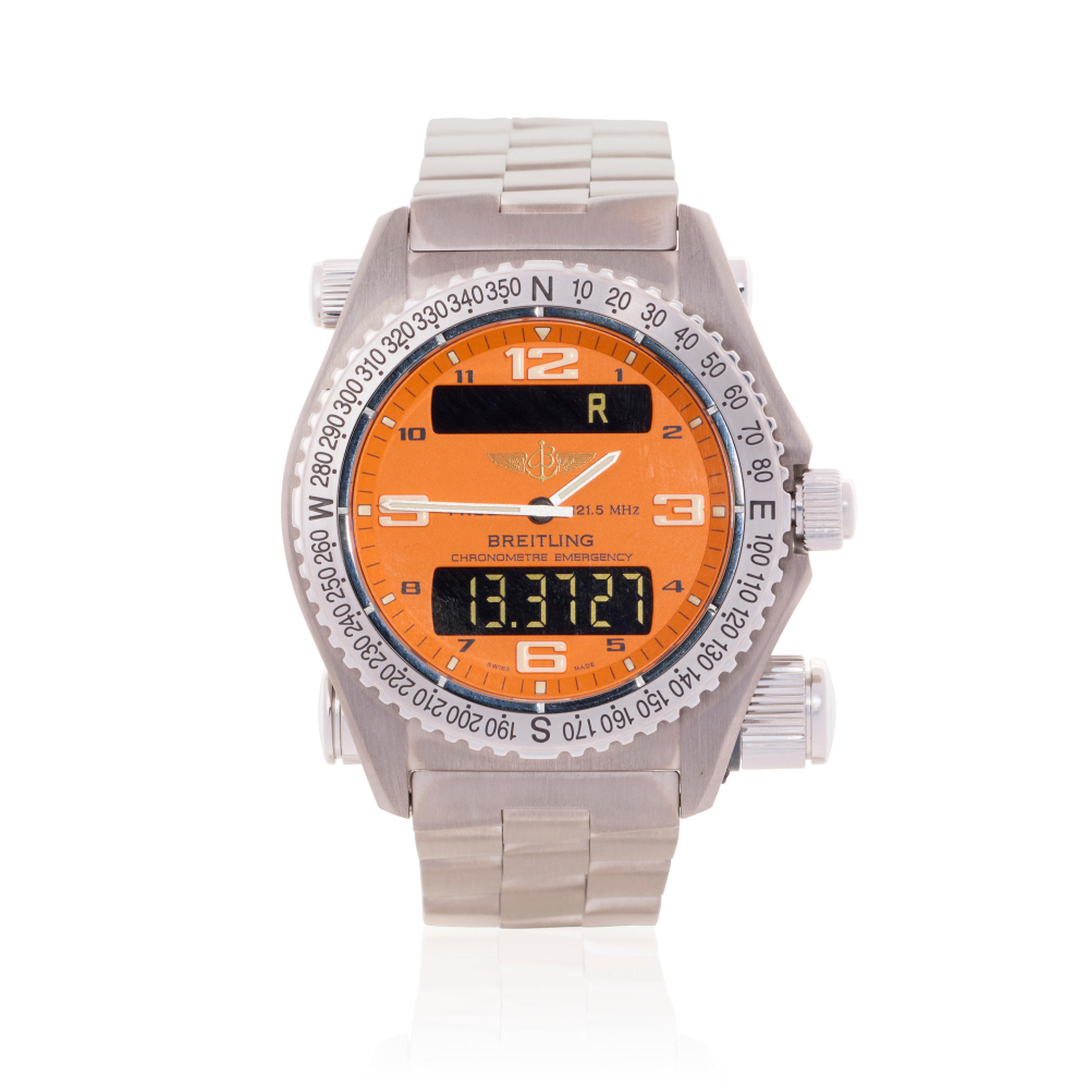 Breitling. A titanium quartz bracelet watch with micro antennae for aviation emergency frequency 121.5MHz