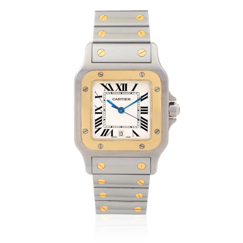 Cartier. A stainless steel and gold quartz calendar bracelet watch