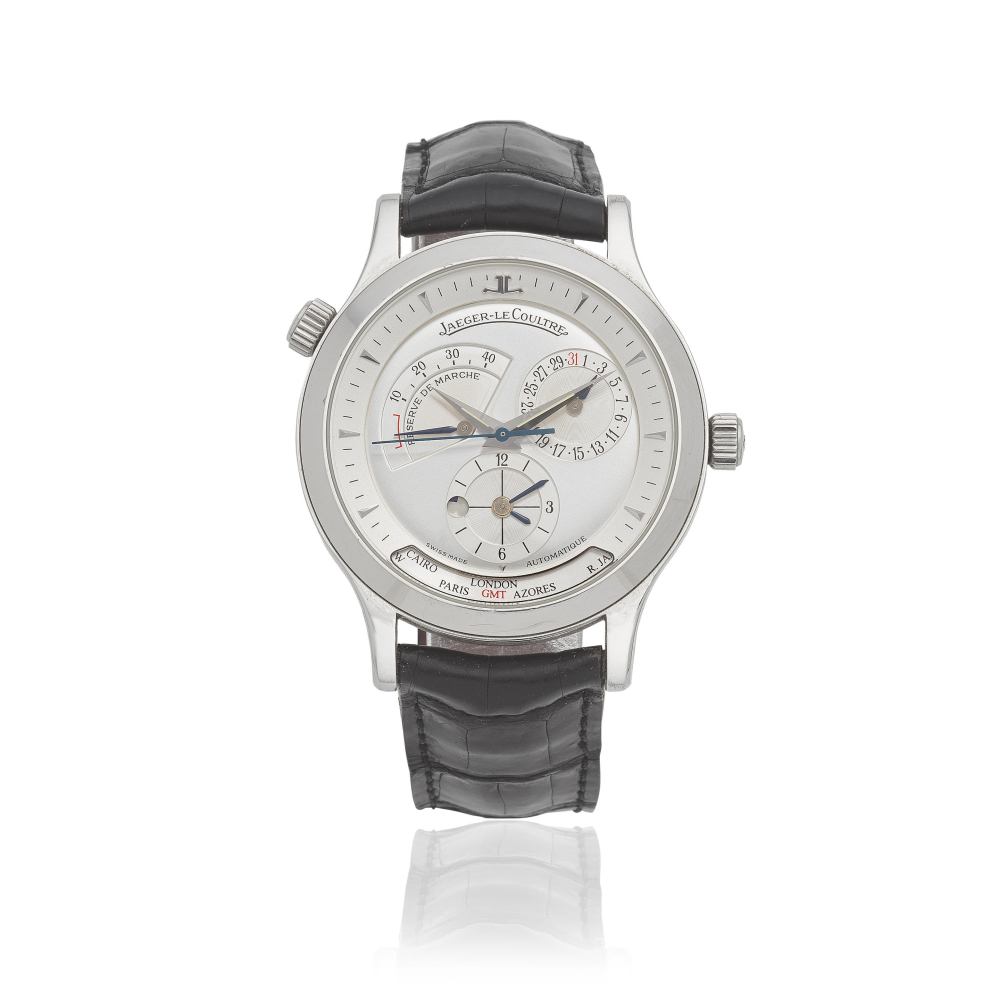 Jaeger-LeCoultre. A stainless steel automatic calendar wristwatch with world time and power reserve